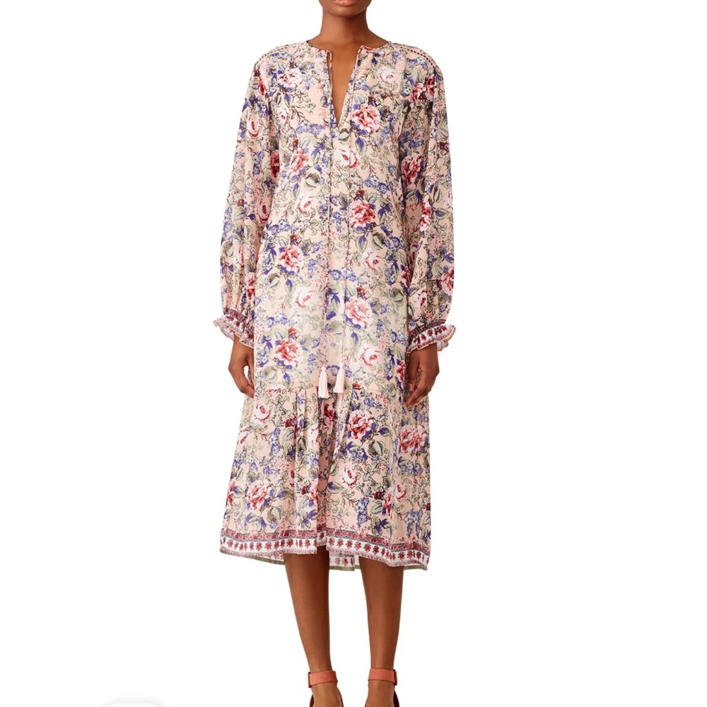 RAGA Victoria Midi Dress Pink Floral Tassels Size Large Boho‎ Cottage